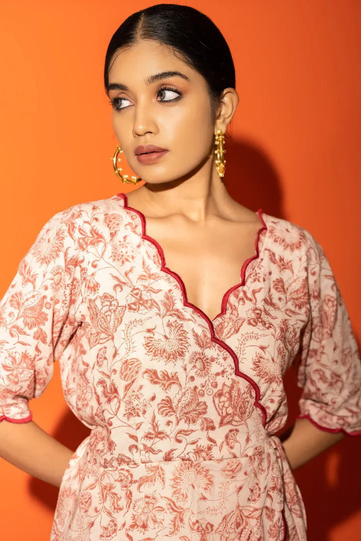 Ilamra kalamkari craft hand block printed organic cotton Madder red and off-white beautiful wrap dress