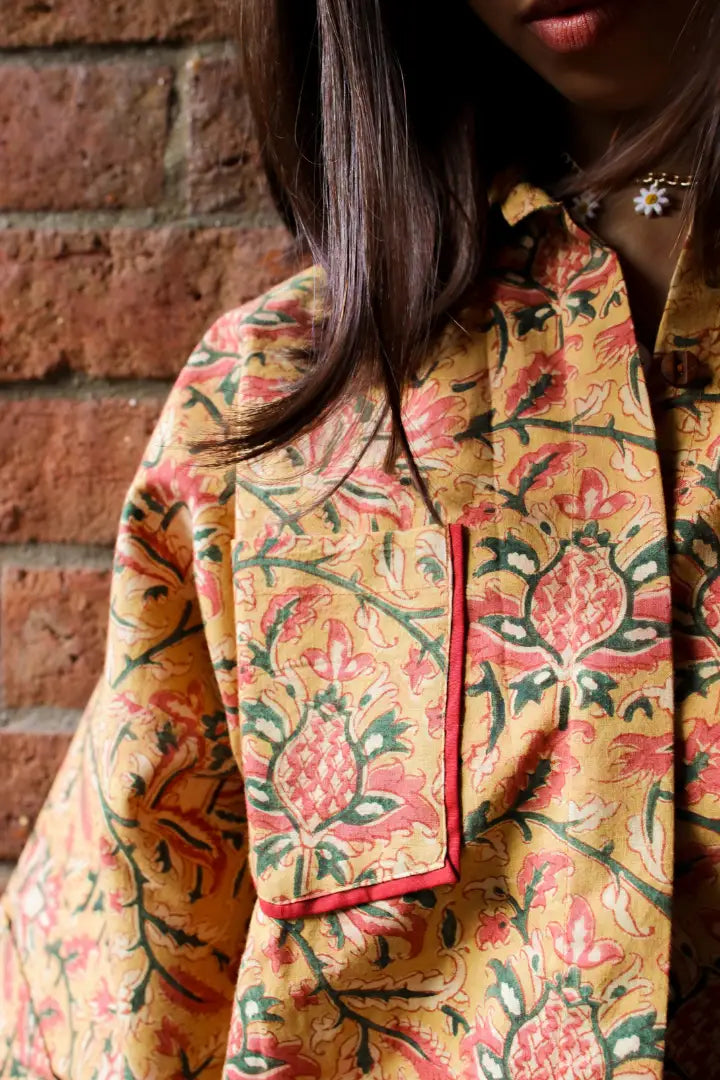 Ilamra kalamkari craft hand block printed organic cotton mustard, yellow, red and green shirt and shorts set