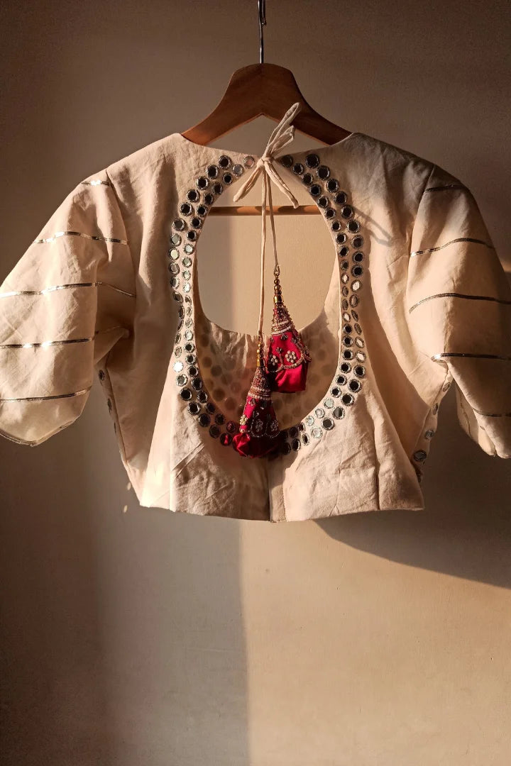 Ilamra sustainable clothing organic cotton off-white and madder red hand block printed blouse, dupatta and lehenga set