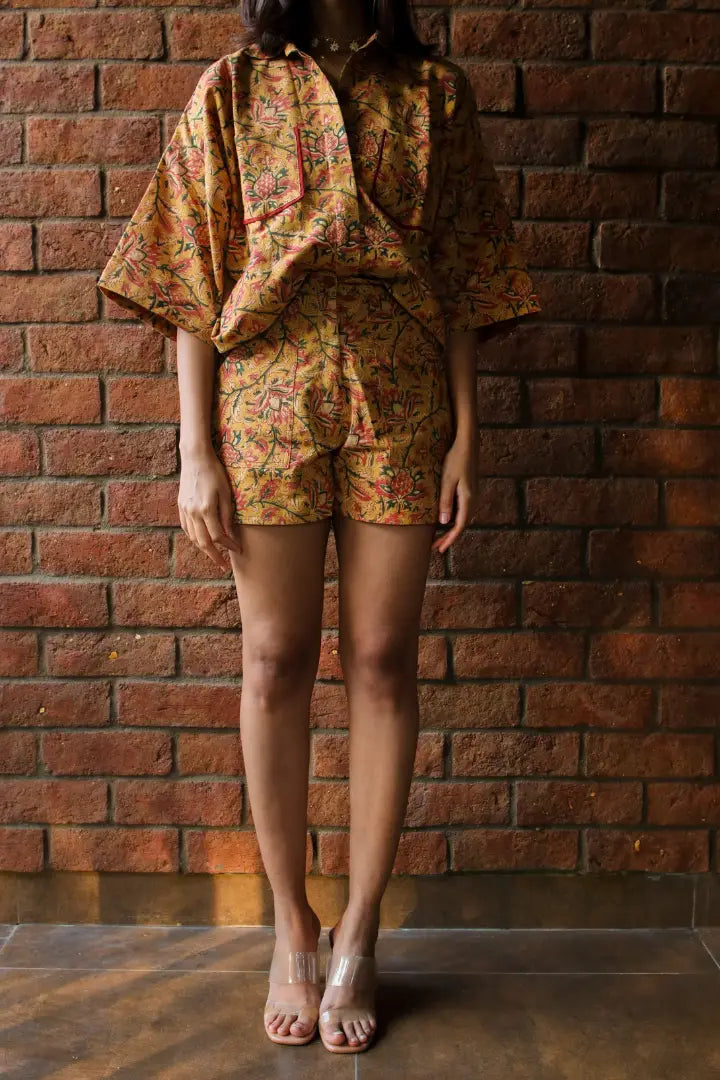 Ilamra kalamkari craft hand block printed organic cotton mustard, yellow, red and green shirt and shorts set
