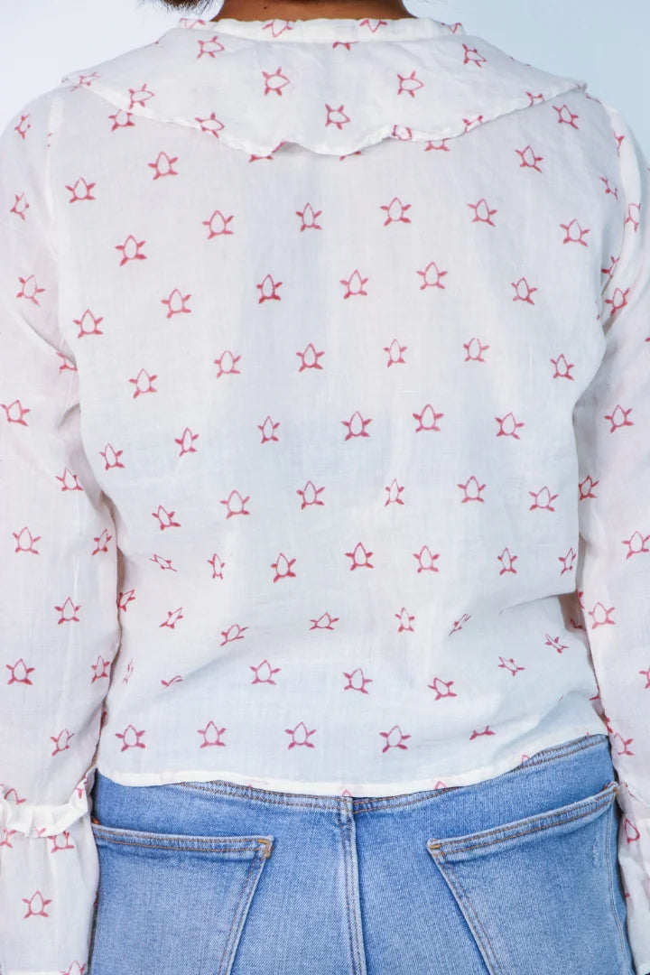 Ilamra sustainable clothing organic cotton Off-White and Blush Pink hand block printed sexy ruffle top