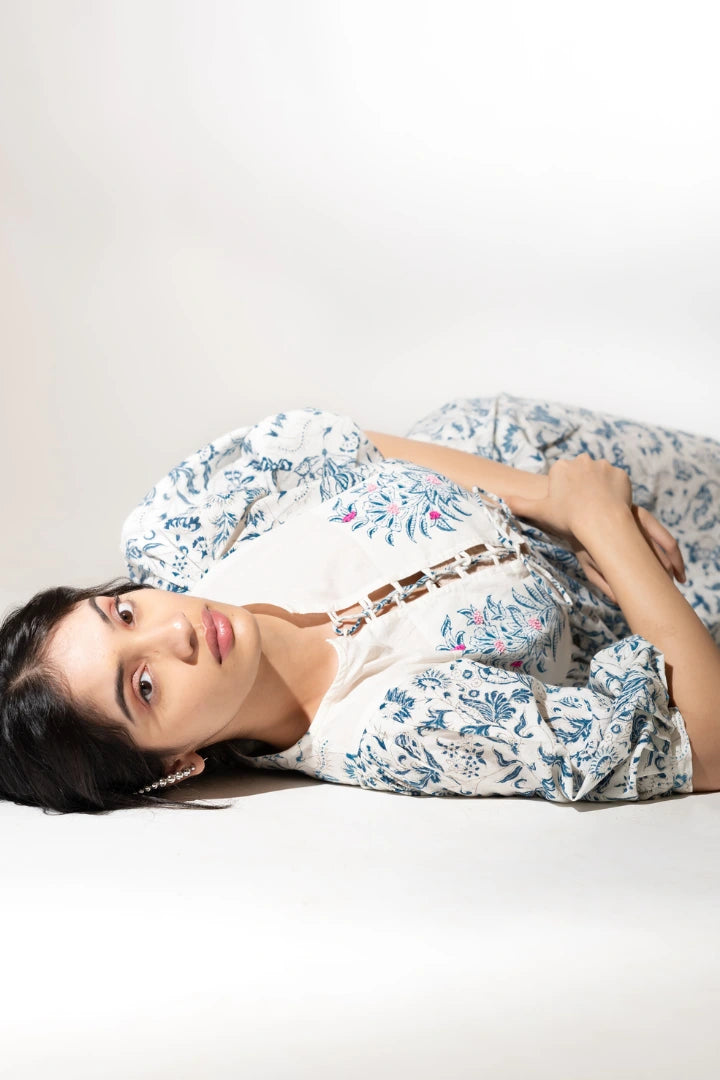 Ilamra hand block printed organic cotton naturally dyed Indigo and off-white knee-length dress