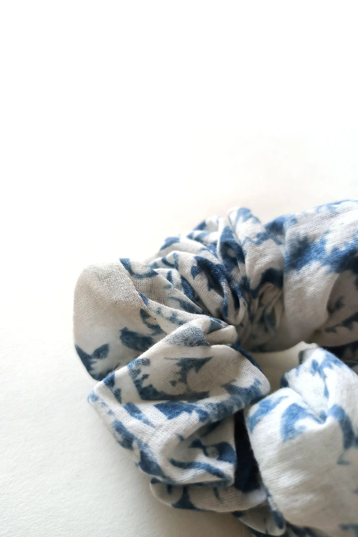 ilamra hand block printed naturally dyed organic cotton Off-white and indigo upcycled cotton chic scrunchie