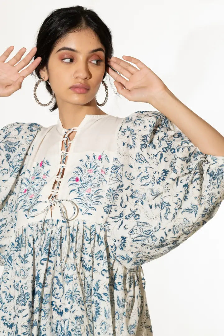 Ilamra hand block printed organic cotton naturally dyed Indigo and off-white knee-length dress
