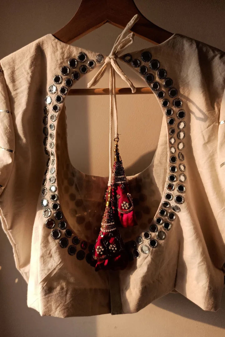 Ilamra sustainable clothing organic cotton off-white and madder red hand block printed blouse, dupatta and lehenga set