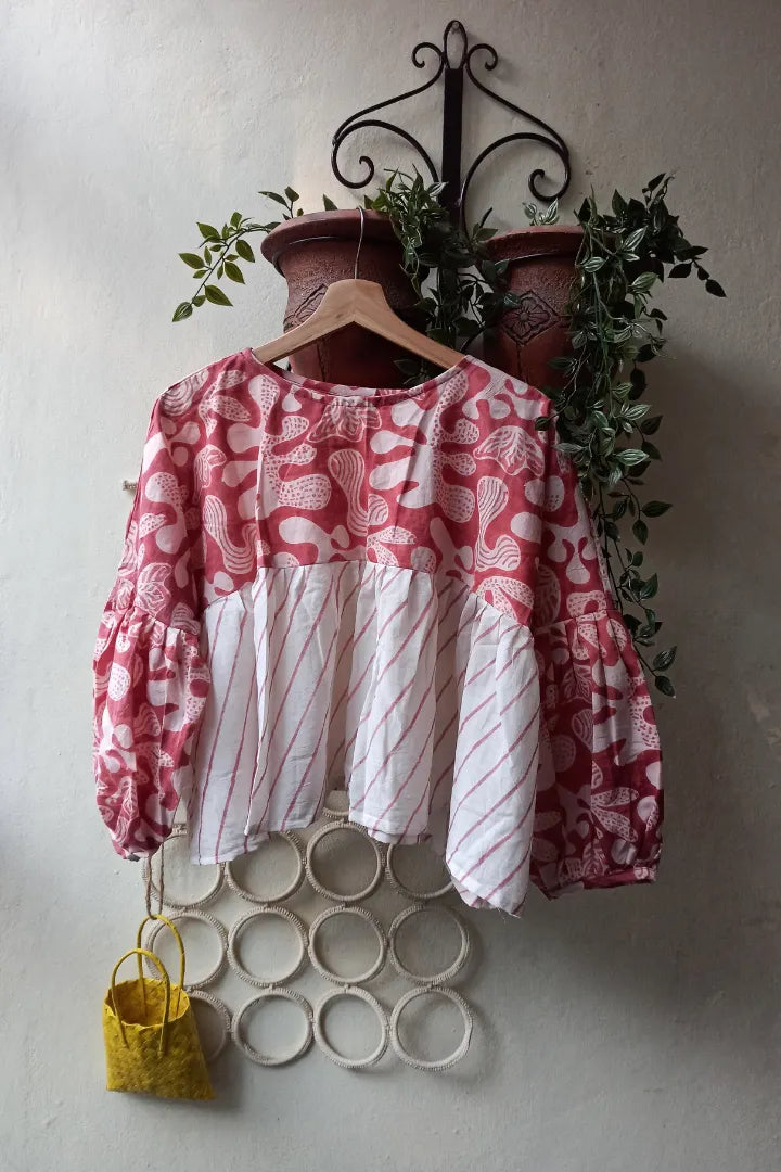 Ilamra sustainable clothing organic cotton pink and off-white hand block printed tent top