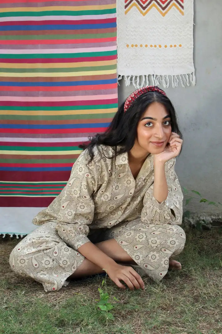 Ilamra hand block printed sustainably made naturally dyed off white and grey shirt and pants set