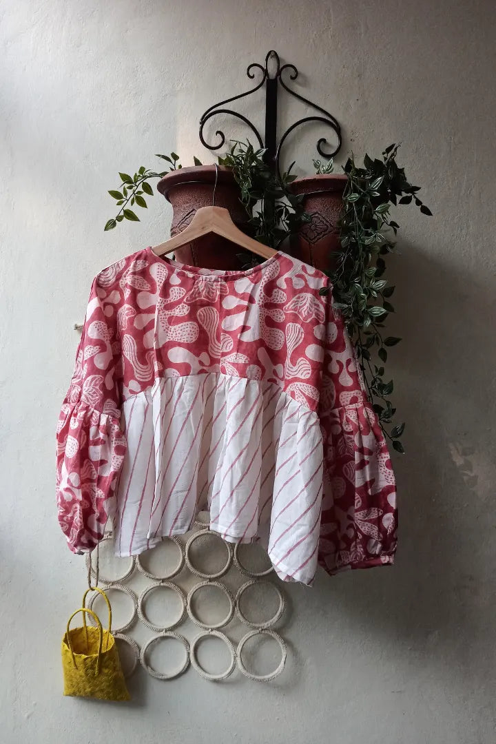Ilamra sustainable clothing organic cotton pink and off-white hand block printed tent top