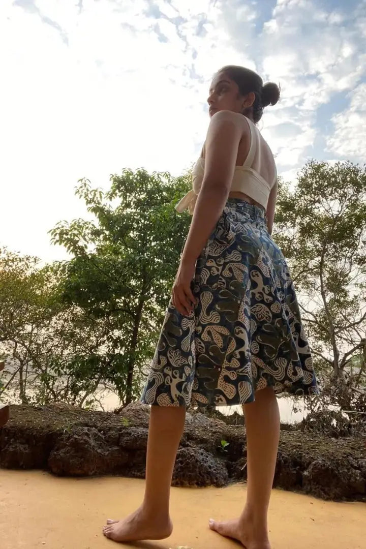 Ilamra kalamkari craft hand block printed organic cotton blue and green skirt