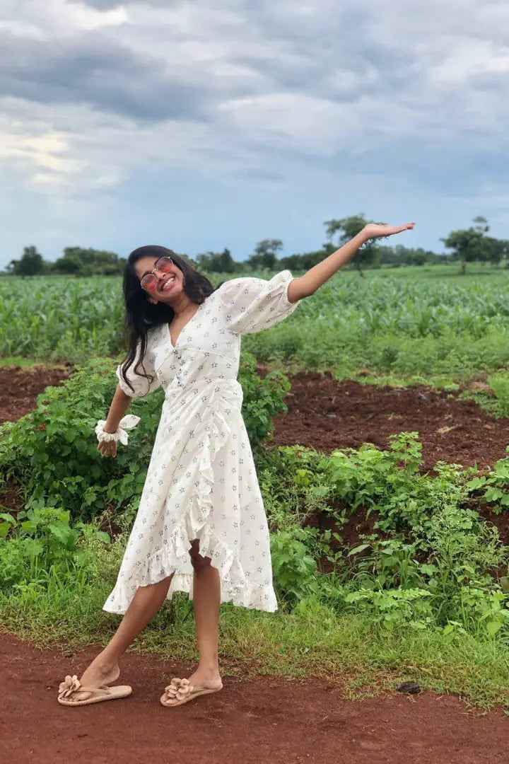 Ilamra sustainable clothing organic cotton white hand block printed European, sexy and feminine dress