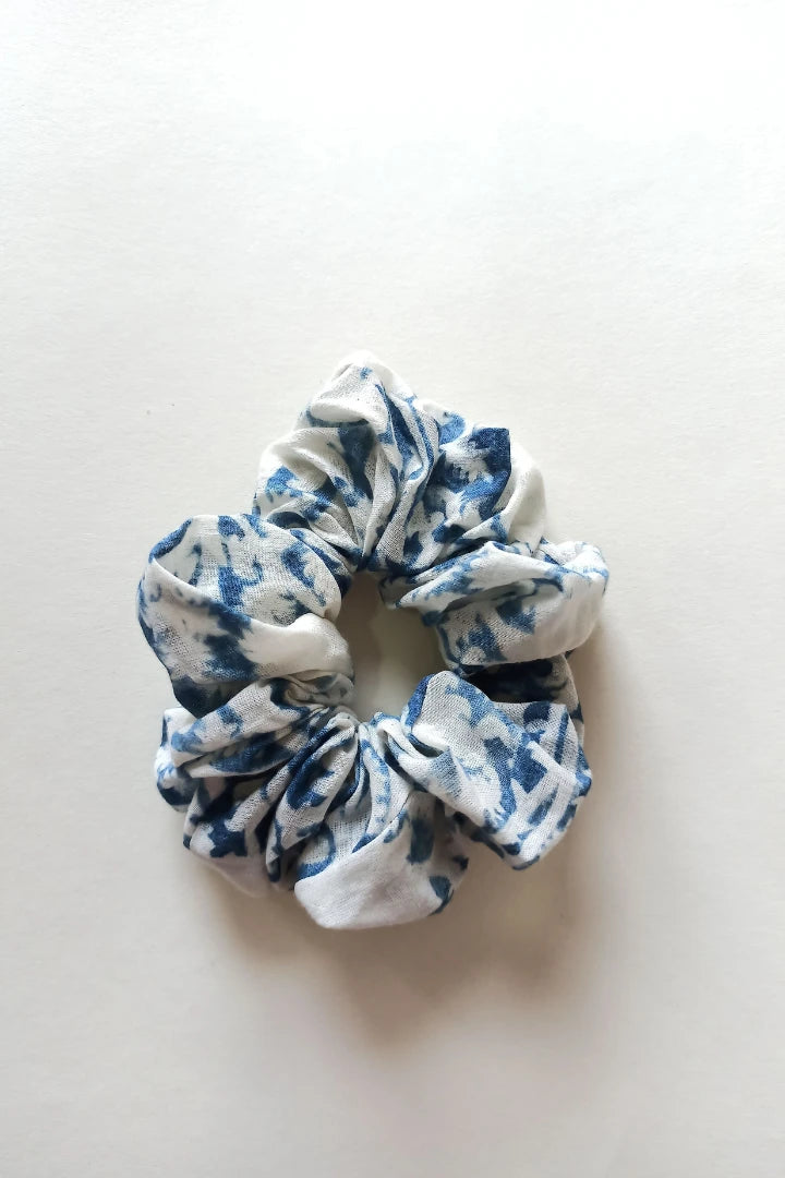 ilamra hand block printed naturally dyed organic cotton Off-white and indigo upcycled cotton chic scrunchie