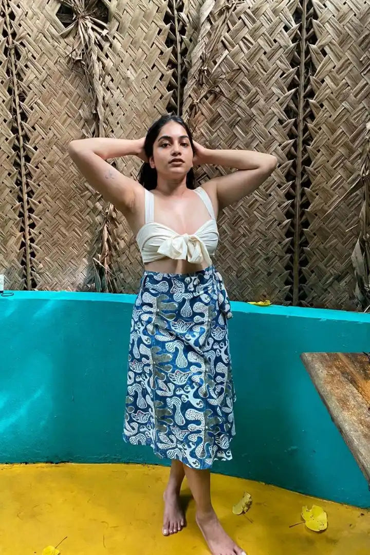 Ilamra kalamkari craft hand block printed organic cotton blue and green skirt