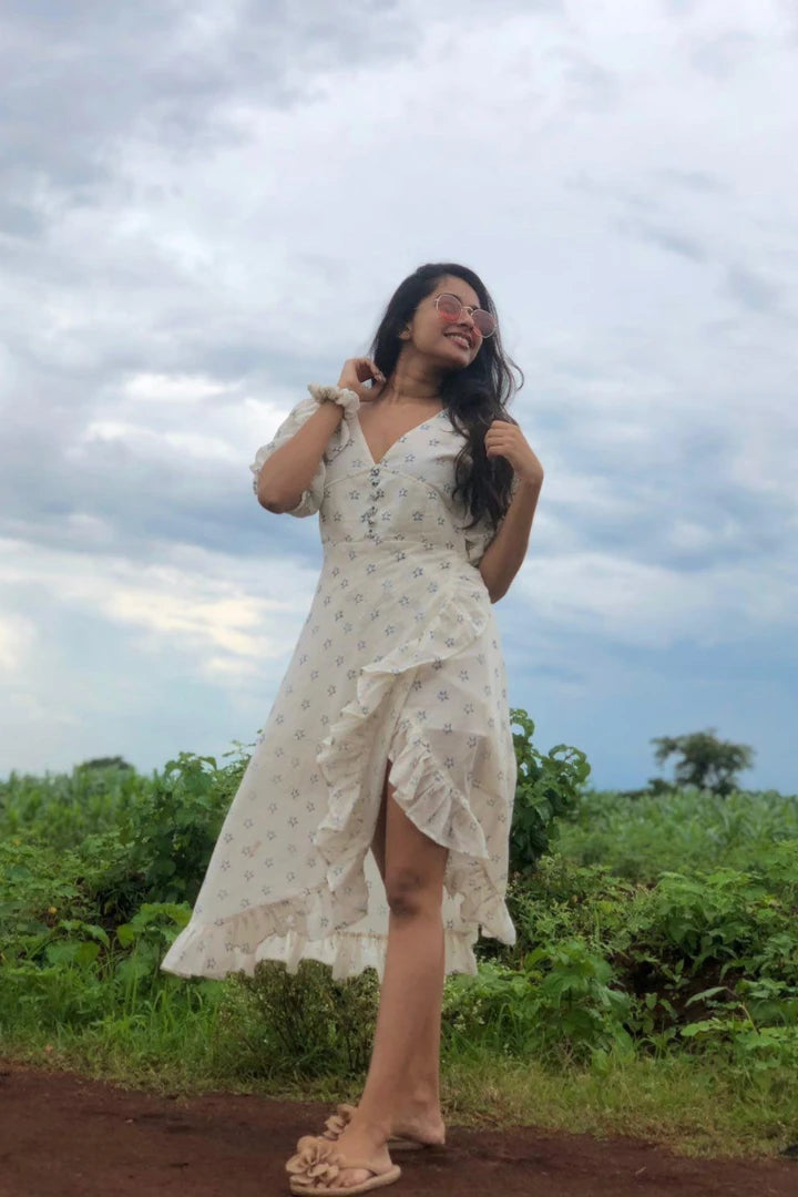 Ilamra sustainable clothing organic cotton white hand block printed European, sexy and feminine dress