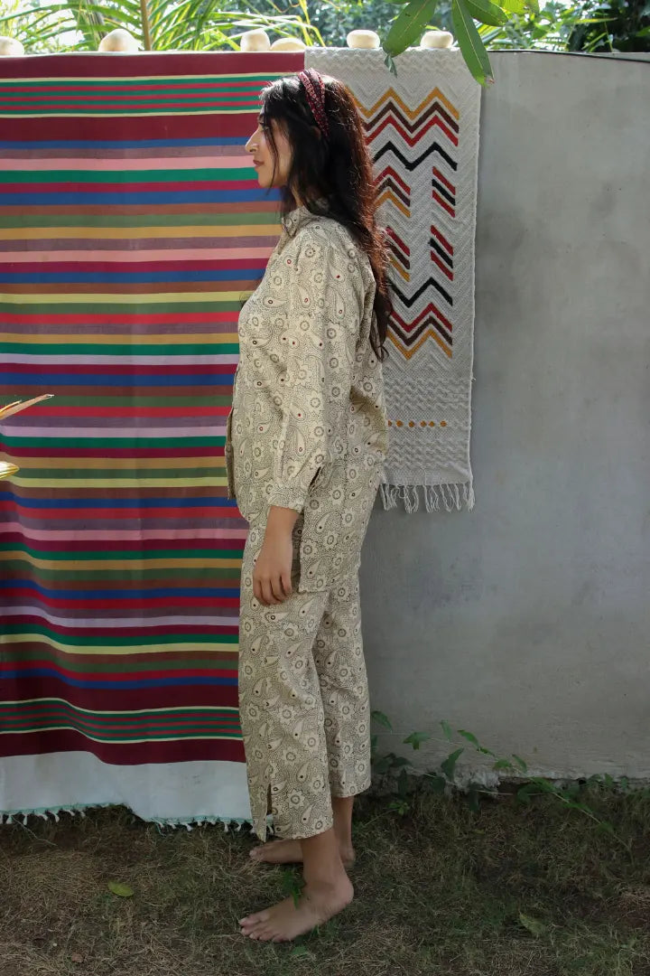 Ilamra hand block printed sustainably made naturally dyed off white and grey shirt and pants set