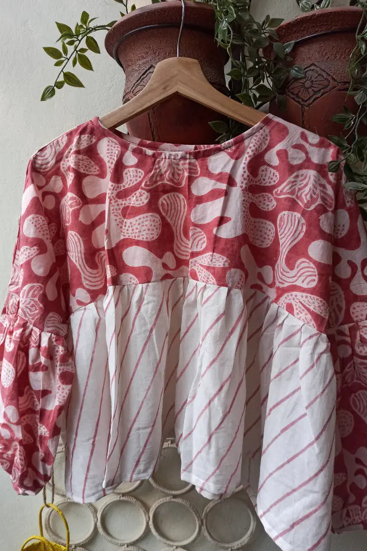 Ilamra sustainable clothing organic cotton pink and off-white hand block printed tent top
