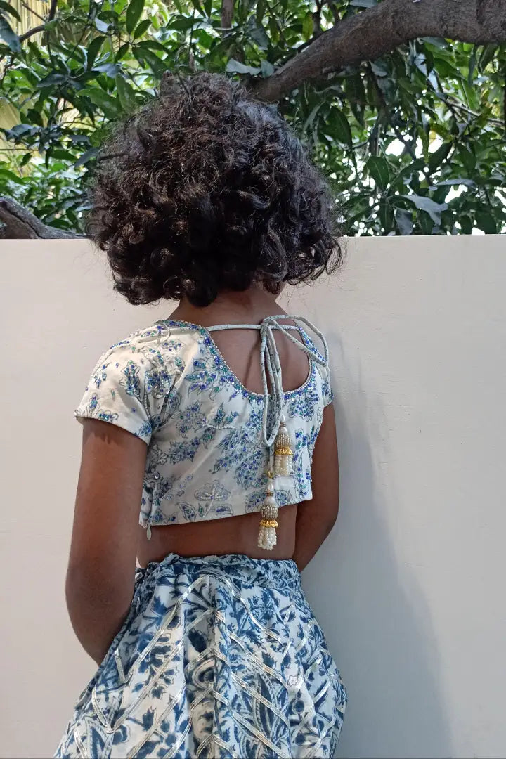 Ilamra kalamkari sustainable clothing organic cotton off-white and indigo hand block printed blouse and lehenga set