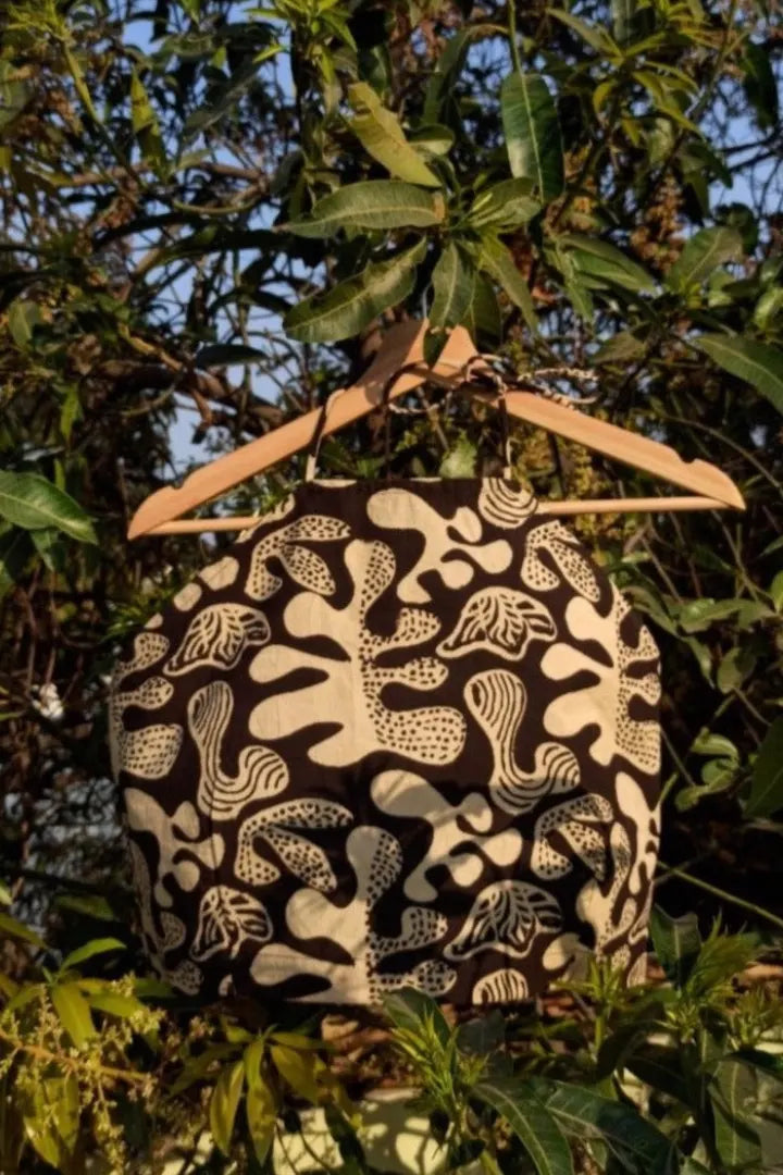 Ilamra sustainable clothing organic cotton beige and black hand block printed halter top