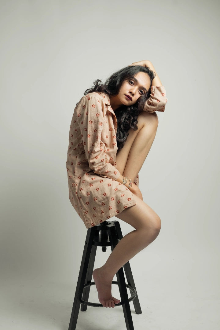 Ilamra sustainable clothing organic cotton madder red and beige hand block printed soft blazer