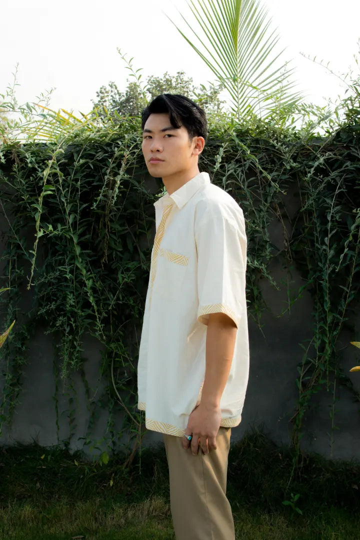 ilamra men's hand block printed naturally dyed organic cotton off-white and yellow shirt
