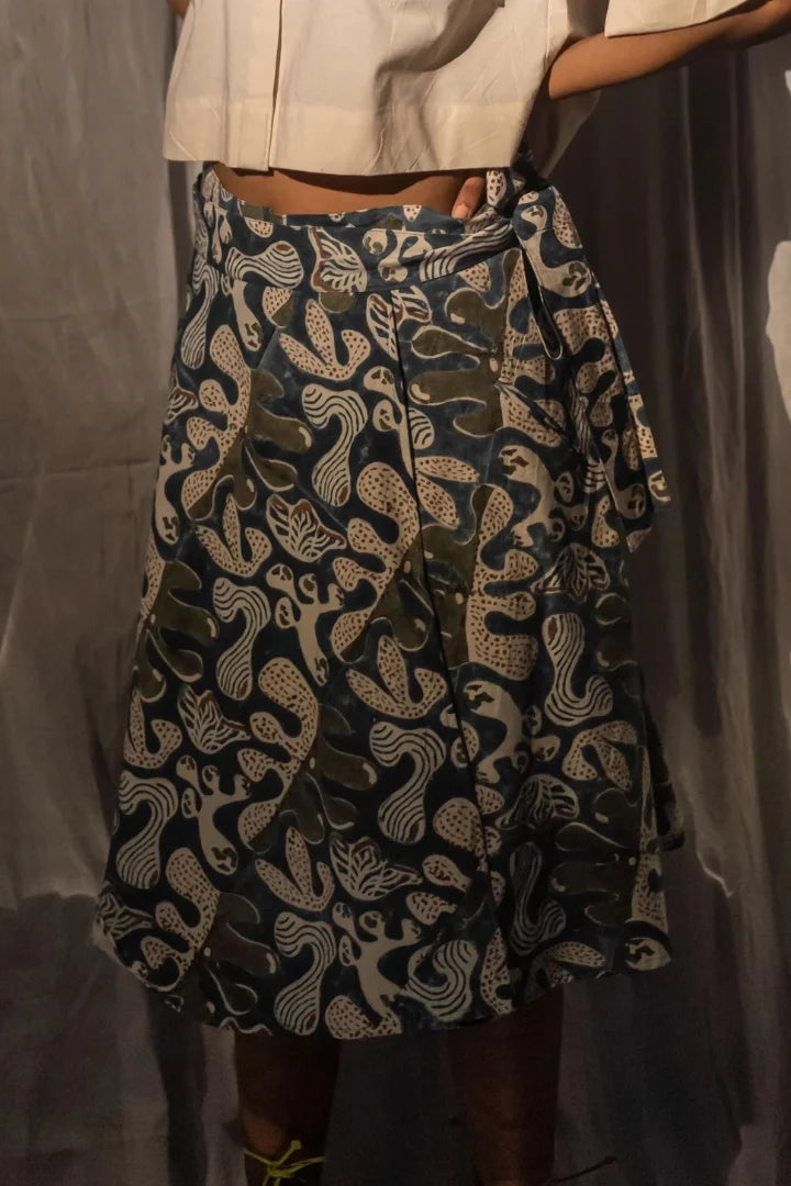 Ilamra kalamkari craft hand block printed organic cotton blue and green skirt