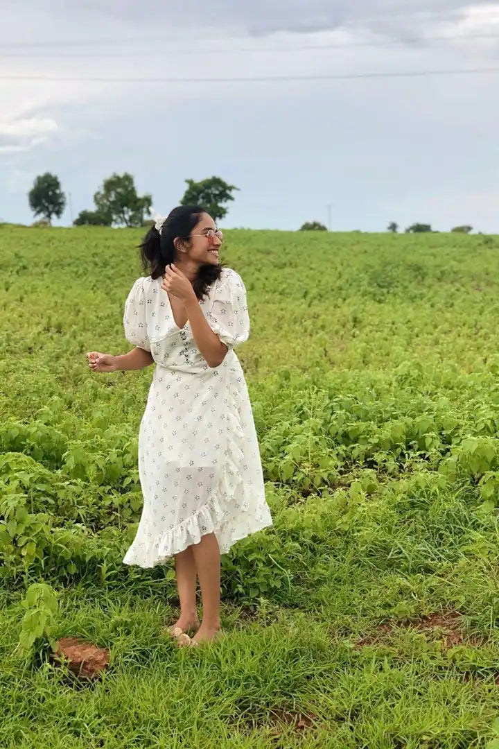 Ilamra sustainable clothing organic cotton white hand block printed European, sexy and feminine dress