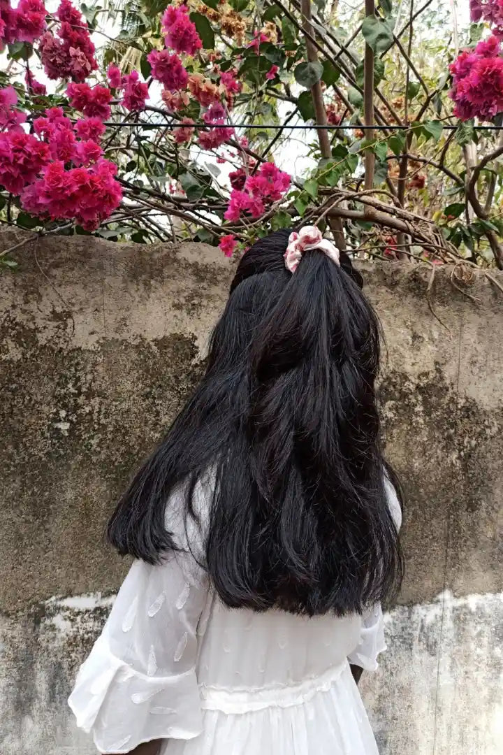 ilamra hand block printed naturally dyed organic cotton Off-white and blush pink upcycled cotton chic scrunchie