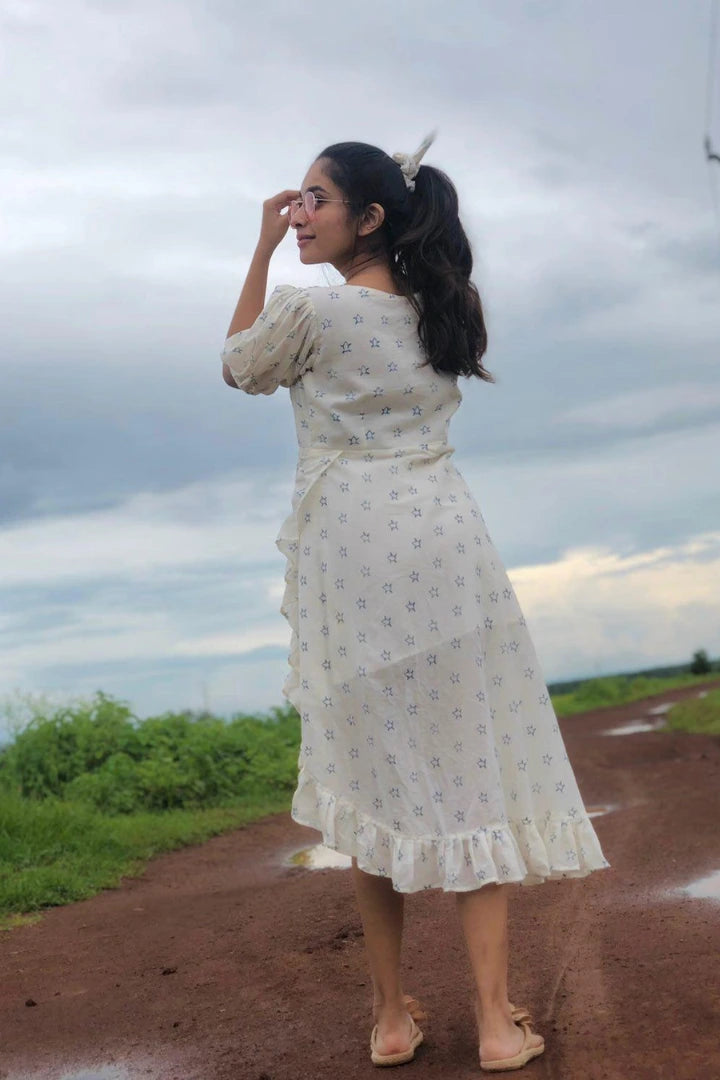 Ilamra sustainable clothing organic cotton white hand block printed European, sexy and feminine dress