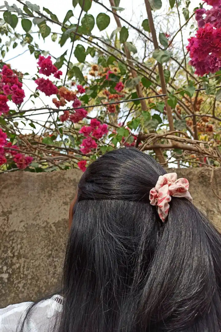 ilamra hand block printed naturally dyed organic cotton Off-white and blush pink upcycled cotton chic scrunchie