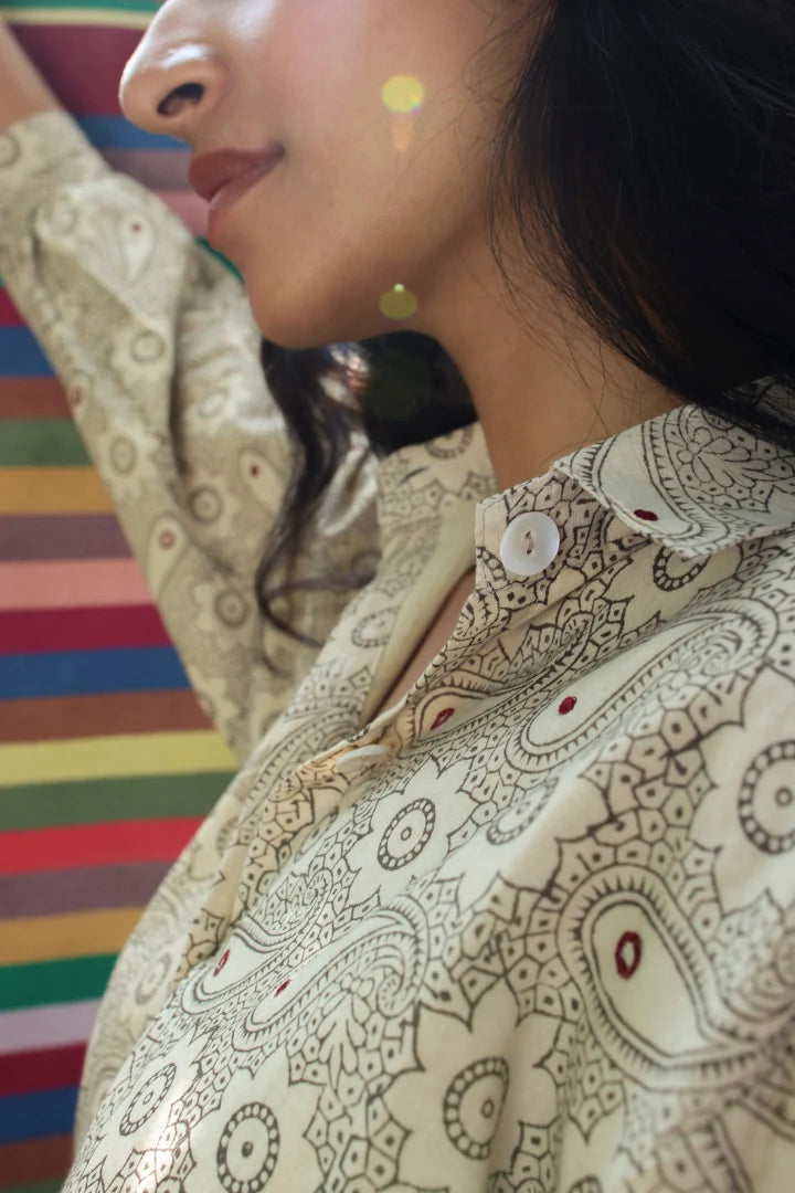 Ilamra hand block printed sustainably made naturally dyed off white and grey shirt and pants set