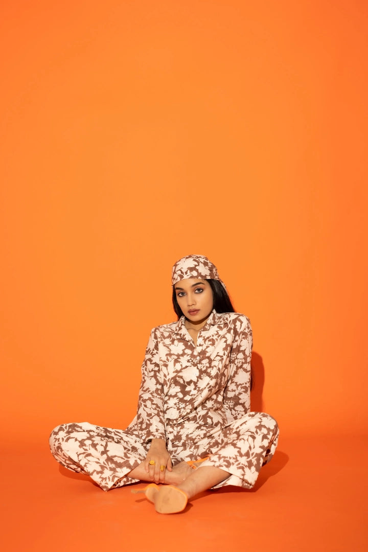 ilamra hand block printed naturally dyed organic cotton brown and off-white shirt and pants set