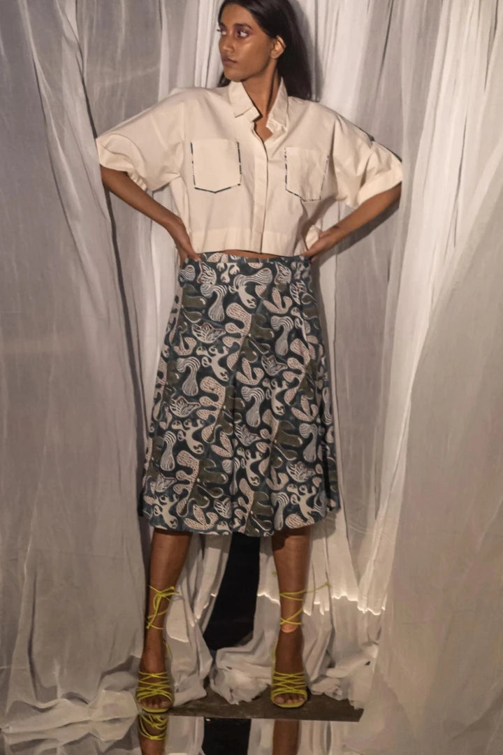 Ilamra kalamkari craft hand block printed organic cotton blue and green skirt