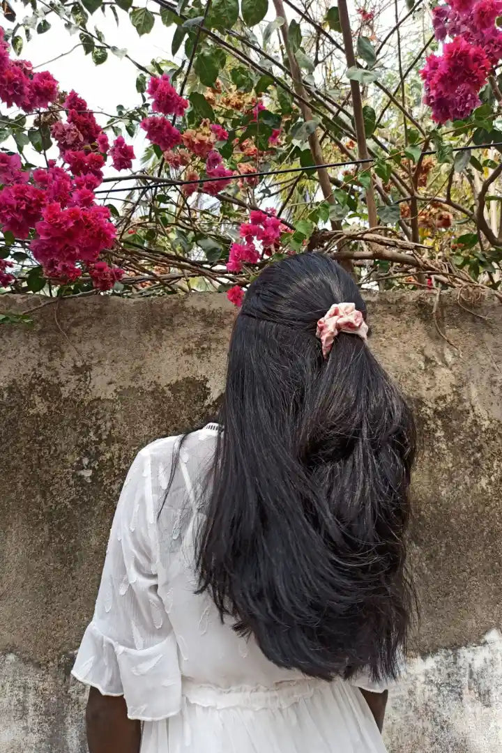 ilamra hand block printed naturally dyed organic cotton Off-white and blush pink upcycled cotton chic scrunchie