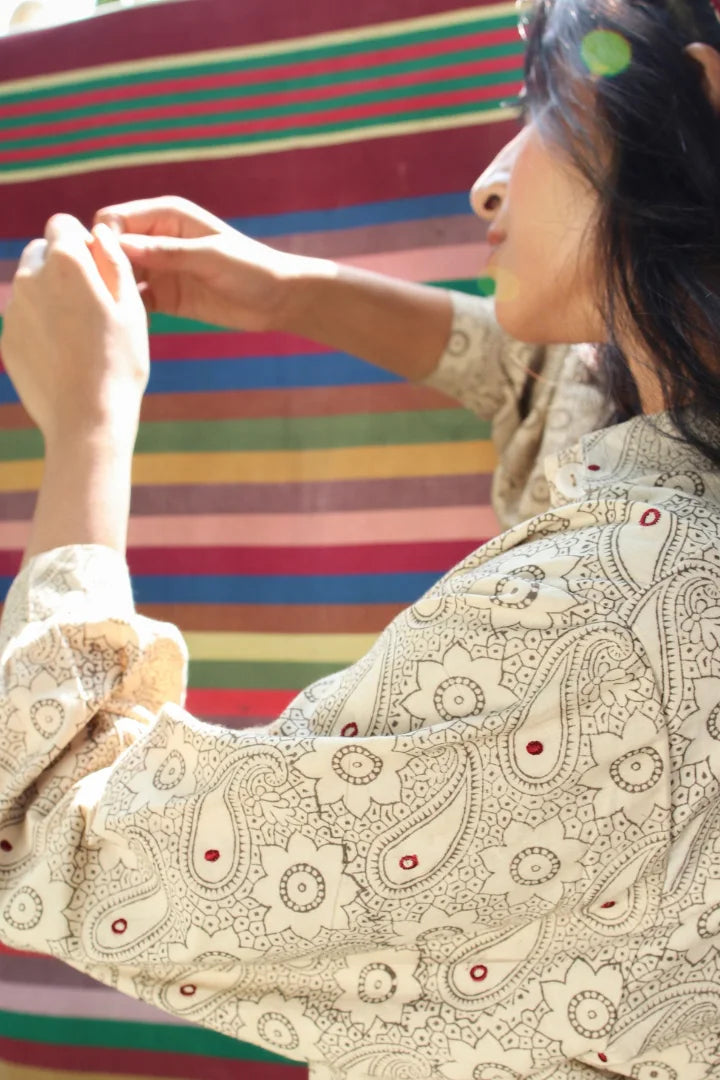 Ilamra hand block printed sustainably made naturally dyed off white and grey shirt and pants set