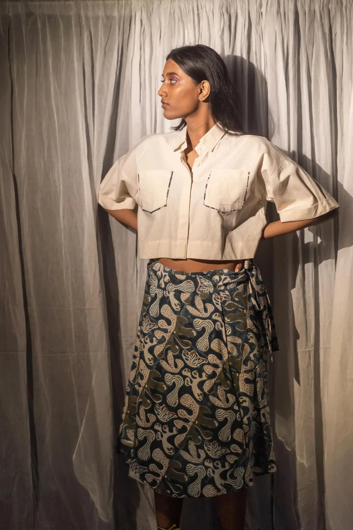 Ilamra kalamkari craft hand block printed organic cotton blue and green skirt