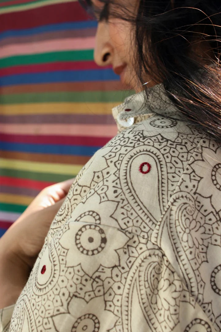 Ilamra hand block printed sustainably made naturally dyed off white and grey shirt and pants set