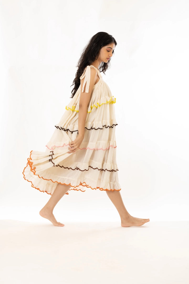 Ilamra kalamkari craft hand block printed organic cotton off-white free size flowy dress