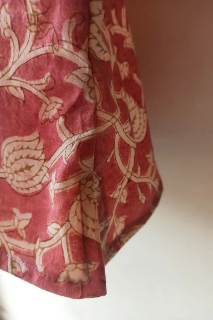 Ilamra sustainable clothing organic cotton pink and beige detailing hand block printed crop top