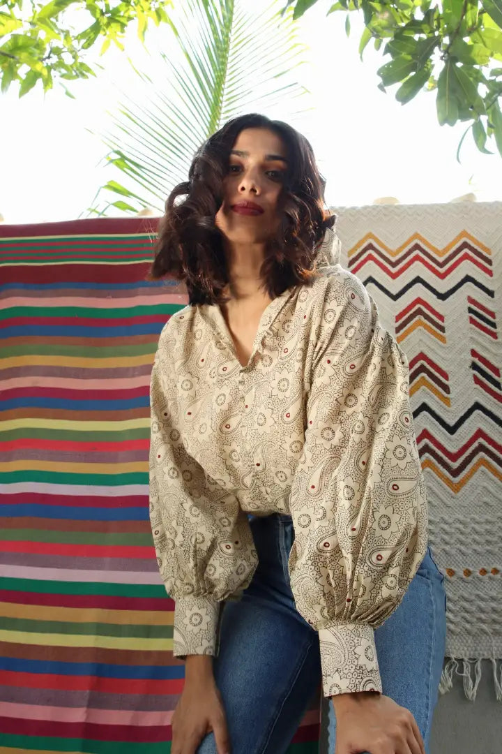 Ilamra hand block printed sustainably made naturally dyed off white and grey top