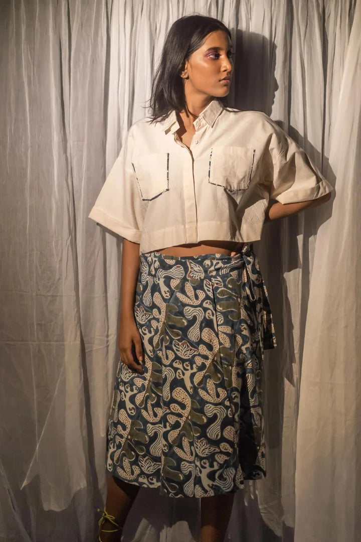 Ilamra kalamkari craft hand block printed organic cotton blue and green skirt