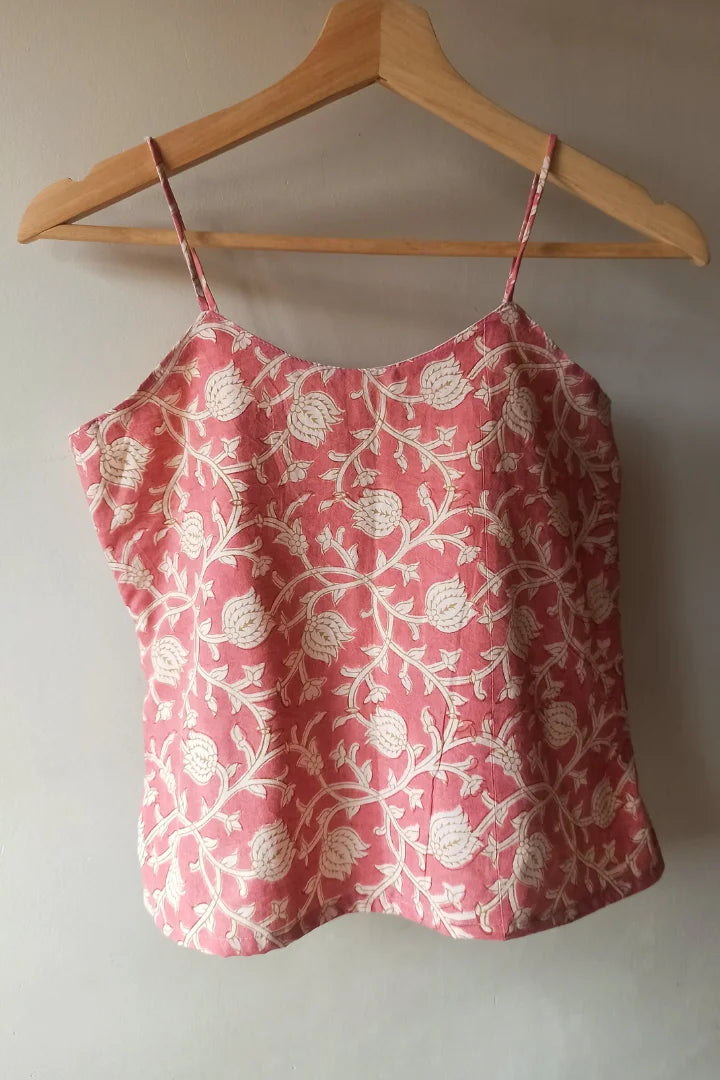 Ilamra sustainable clothing organic cotton pink and beige detailing hand block printed crop top
