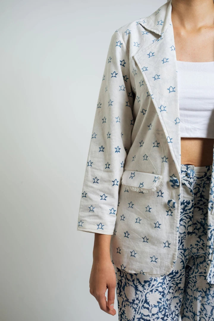 Ilamra hand block printed organic cotton naturally dyed indigo and off-white powerful blazer and pants suit