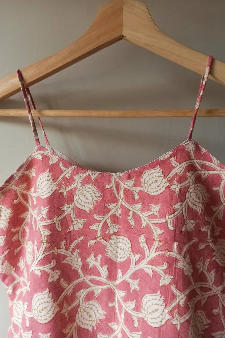 Ilamra sustainable clothing organic cotton pink and beige detailing hand block printed crop top