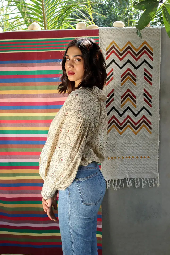 Ilamra hand block printed sustainably made naturally dyed off white and grey top