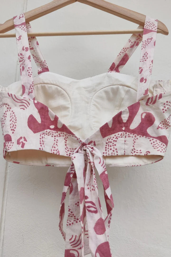 Ilamra kalamkari craft hand block printed organic cotton pink, red and off-white saree