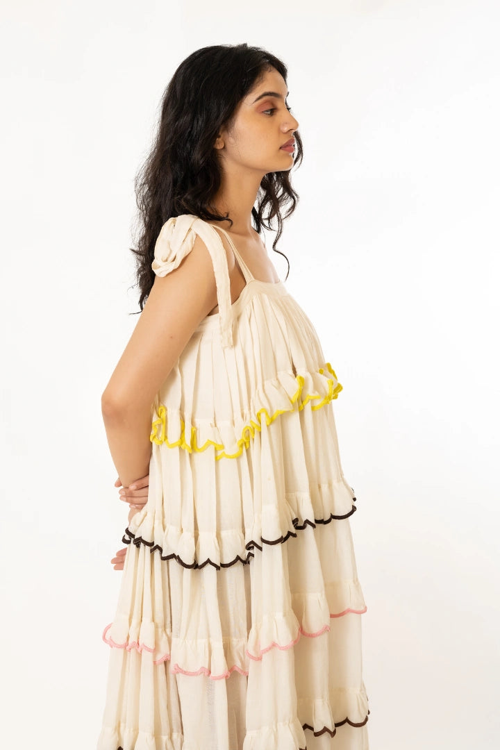 Ilamra kalamkari craft hand block printed organic cotton off-white free size flowy dress