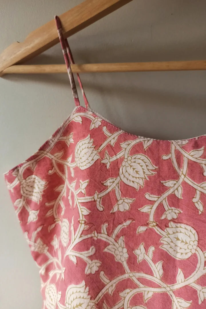 Ilamra sustainable clothing organic cotton pink and beige detailing hand block printed crop top