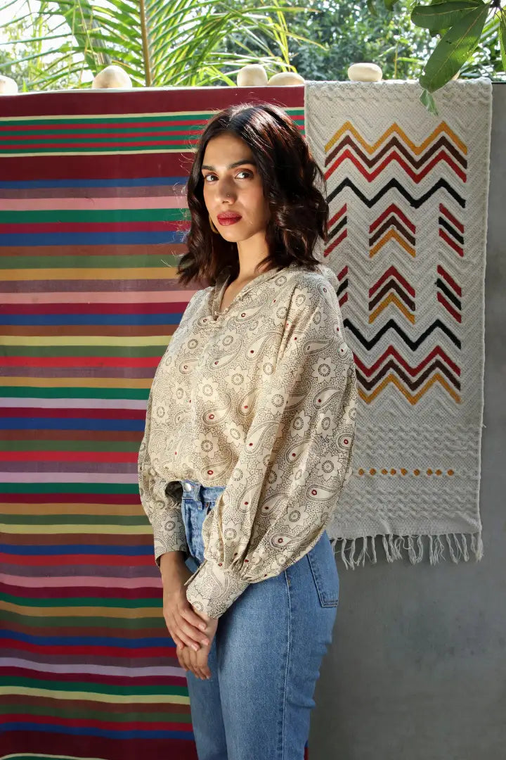 Ilamra hand block printed sustainably made naturally dyed off white and grey top