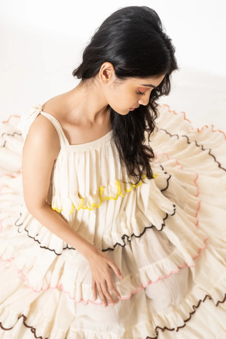 Ilamra kalamkari craft hand block printed organic cotton off-white free size flowy dress