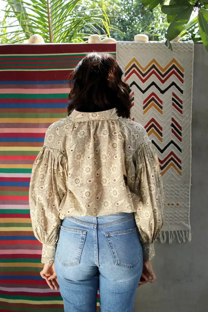 Ilamra hand block printed sustainably made naturally dyed off white and grey top