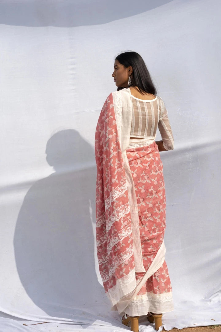 Ilamra kalamkari craft hand block printed organic cotton Gulab pink with black and red detailing on a pebble white canvas saree